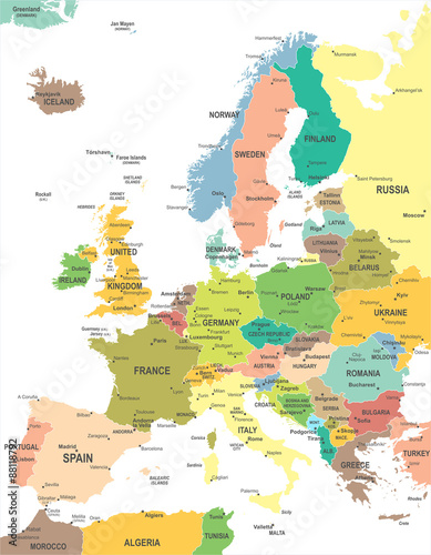 Naklejka - mata magnetyczna na lodówkę Europe map - highly detailed vector illustration.