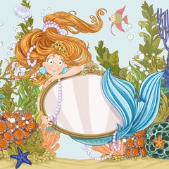 Lovely mermaid with flowing long hair holding a big mirror isola