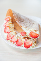 Poster - Crepe dessert with strawberry fruit and whipping cream