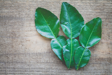 Sticker - Fresh kaffir lime leaf on wood table background