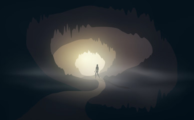 Wall Mural - man at cave entrance with mist editable vector