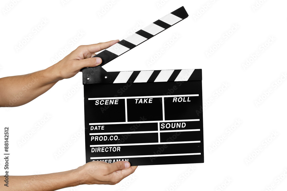 young man with a traditional wooden clapperboard - obrazy, fototapety, plakaty 