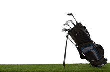 Golf Bag And Clubs On Grass Side View Isolated On White