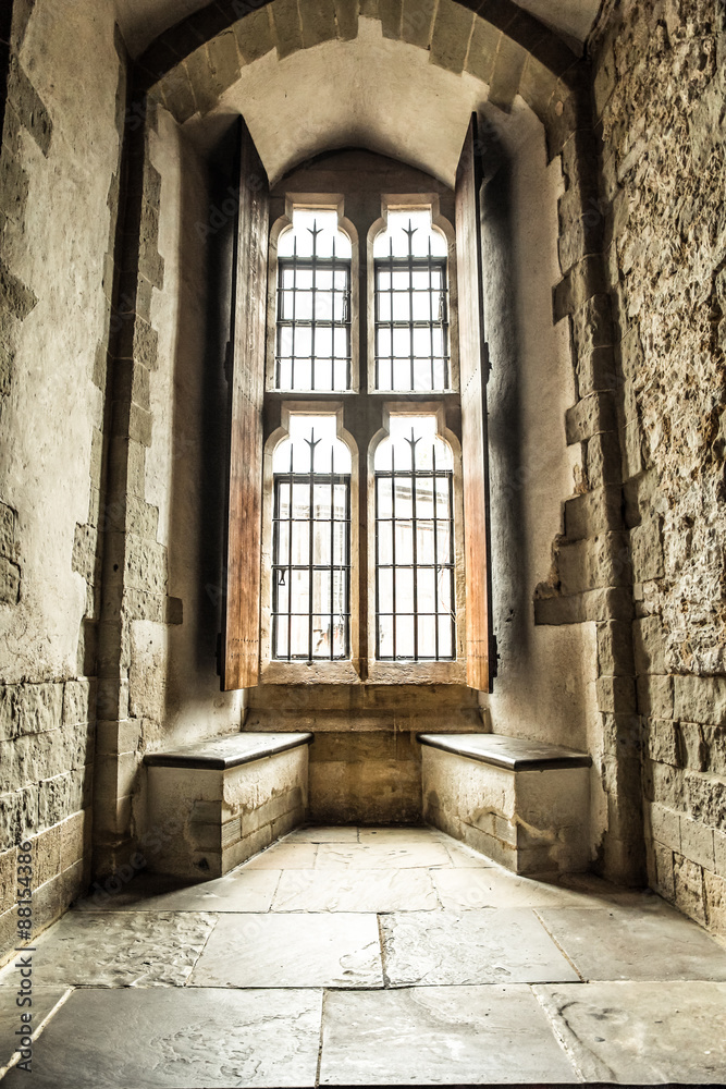 Interior view of windows in medieval stone castle - obrazy, fototapety, plakaty 