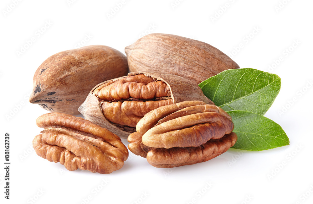 Pecans with leaves - obrazy, fototapety, plakaty 