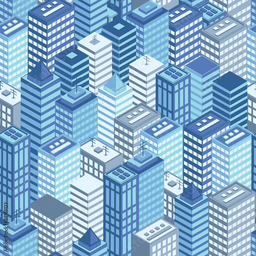 Obraz w ramie Blue flat isometric city seamless pattern.