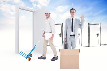 Sticker - Composite image of confident delivery man pushing empty trolley