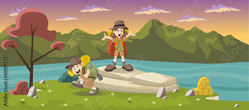 Cute cartoon kids in explorer outfit on a green park with a blue lake