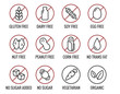 Set of ingredient warning label icons. Common allergens (gluten, lactose, soy, corn and more), sugar and trans fat, vegetarian and organic symbols.