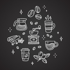 Poster - Set of chalk coffee drawings. Beans, cups, spices and more. 