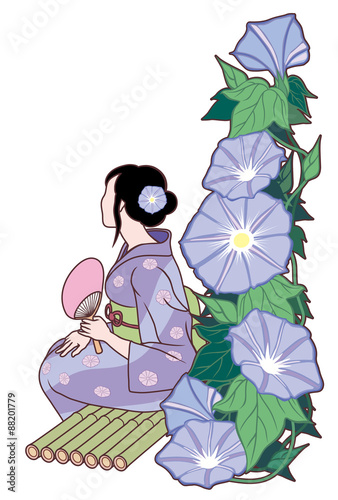朝顔 浴衣の女性と朝顔 白色の背景 夏の草花 朝顔 をイラストにしました 朝顔 単体と はがきサイズの比率のイラスト を用意しました 朝顔 の図案と 浴衣の女性 の図案を組み合わせ 夏の風景を表現しました Buy This Stock Vector And Explore