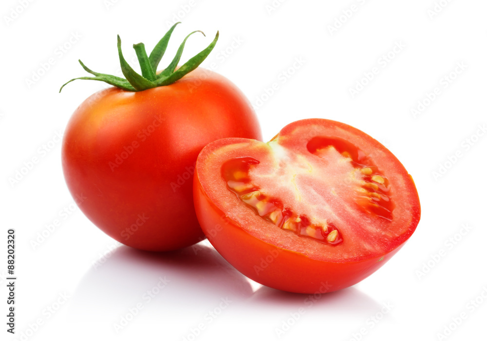 Red tomatoes with cut isolated on white - obrazy, fototapety, plakaty 