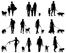 Black Silhouettes  Of People With Dogs, Vector