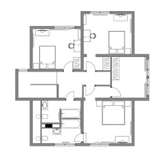 The draft plan of arrangement of all furniture, architect plan, black-and-white,  for two-storeyed house, first floor