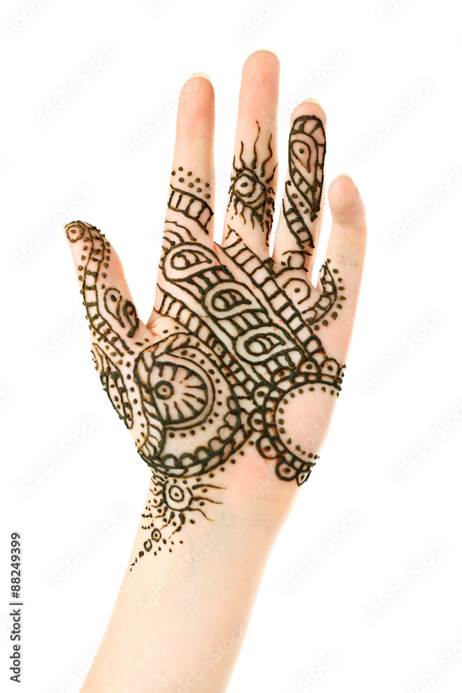 Image of henna on female hand isolated on white