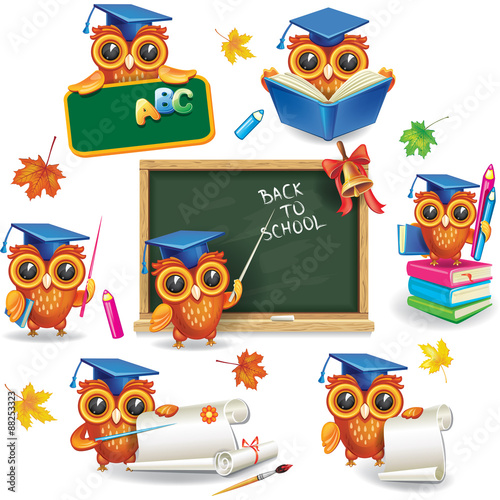 Obraz w ramie Set of wise owls in graduation caps