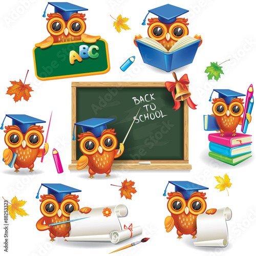 Tapeta ścienna na wymiar Set of wise owls in graduation caps