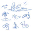 Icon set summer beach holidays, vacation with surboard, palm tree, fish, swimming toy, snorkel, flippers and message in a bottle. Hand drawn doodle vector illustration.