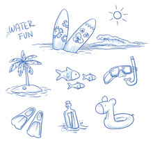 Icon Set Summer Beach Holidays, Vacation With Surboard, Palm Tree, Fish, Swimming Toy, Snorkel, Flippers And Message In A Bottle. Hand Drawn Doodle Vector Illustration.