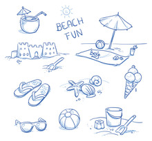 Icon Set Summer Beach Holidays, Vacation With Sand Castel, Shoes, Ice Cream, Shells, Ball, Drink, Towel, Sunglasses, Parasol. Hand Drawn Doodle Vector Illustration.
