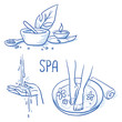 Icon item set wellness, spa, with footbath, treatment cream and salt, leafs, candle, hand and water. Hand drawn doodle vector illustration.
