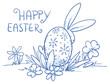 Cute Easter Bunny hiding behind easter egg, flower egg decoration, pattern. Hand drawn vector illustration.
