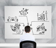 © ImageFlow - Rear view of a businessman on the workplace who is looking at the charts, pie chart, business icons which are drawn on the whiteboard. A concept of about business development strategy.