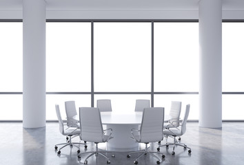 Wall Mural - Panoramic conference room in modern office, copy space view from the windows. White chairs and a white round table. 3D rendering.