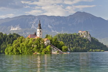 Blejski Otok Island With Santa Maria Church, Bled Castle, Lake Bled, Gorenjska, Julian Alps, Slovenia