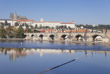 View Over The River Vltava To Charles Bridge And The Castle District With St. Vitus Cathedral And Royal Palace, Prague, Bohemia, Czech Republic