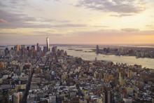 Skyline Looking South Towards Lower Manhattan At Sunset, One World Trade Center In View, Manhattan, New York City, New York