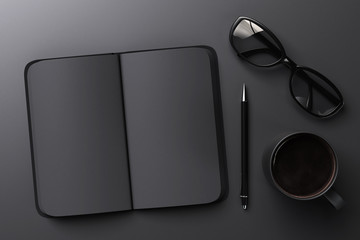 Wall Mural - Black blank notebook, cup of coffee and glasses, mock up