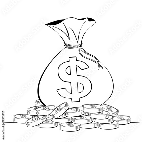 Money bag on coin stack line drawing, Business concept, Illustration