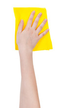 Hand With Yellow Washing Rag Isolated On White