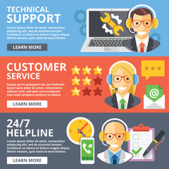Poster - Technical support, customer service, 24/7 helpline flat illustration concepts set