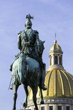 Golden Dome Of St. Isaac's Cathedral, Built In 1818, And The Equestrian Statue Of Tsar Nicholas Dating From 1859, St. Petersburg, Russia