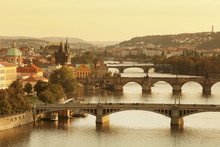 Bridges Over The Vltava River Including Charles Bridge, And Old Town Bridge Tower At Sunset, Prague, Bohemia, Czech Republic 