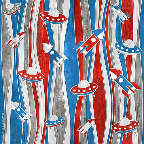 Naklejka na szybę Rocket and UFO decorative pattern - waves decoration - seamless background