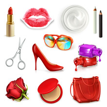 Red Ladies Handbag With Cosmetics, Accessories