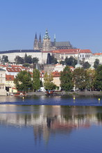 View Over The River Vltava To The Castle District With St. Vitus Cathedral And Royal Palace, Prague, Bohemia, Czech Republic