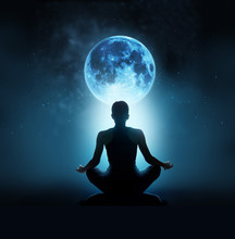 Abstract Woman Are Meditating At Blue Full Moon With Star In Dark Background