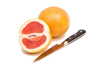 Knife and  orange on white background