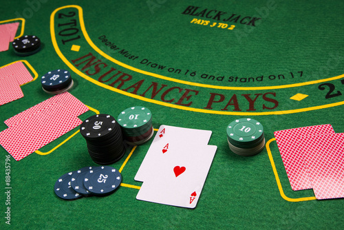 Black Jack gambling table. Cards and chips. Casino плакат