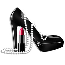 Fashion And Beauty Illustration - Black Stiletto Shoe With Pearls And Lipstick