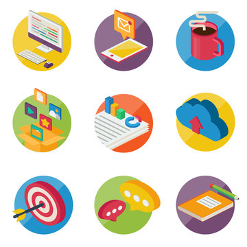 Set of colorful isometric web icons.