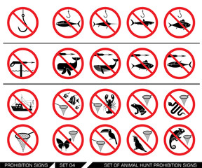 Set of animal hunt prohibition signs. Collection of signs that prevent water and air  animal hunting. Animal hunt banned. Preserving wildlife. No using of harpoon. No catching animals with net. 