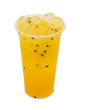 ice tea passion fruit in takeaway glass isolated on white backgr