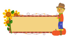 Scarecrow Fall Banner - Festive Autumn Banner With Scarecrow, Pumpkins And Flowers. Eps10