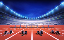 Athletics Stadium With Race Track With Starting Blocks And Hurdles