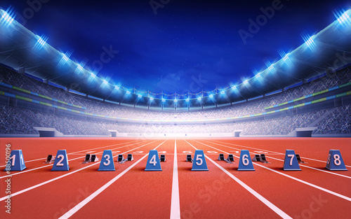 Fotografía athletics stadium with race track with starting blocks